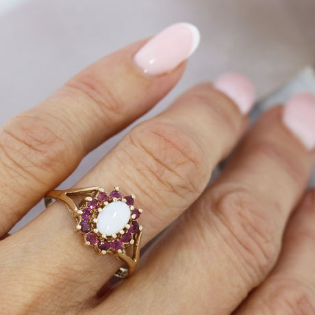Pre Owned 9ct Yellow Gold Ruby & Opal Oval Cluster Ring
