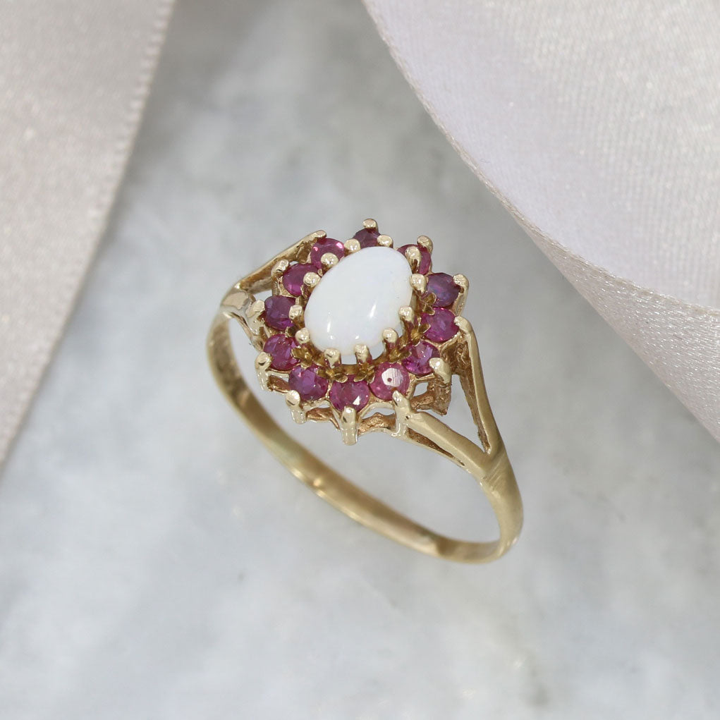 Pre Owned 9ct Yellow Gold Ruby & Opal Oval Cluster Ring