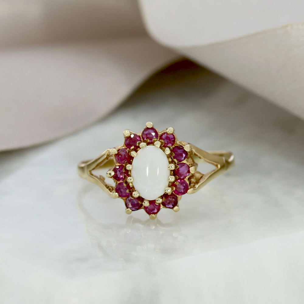 Pre Owned 9ct Yellow Gold Ruby & Opal Oval Cluster Ring