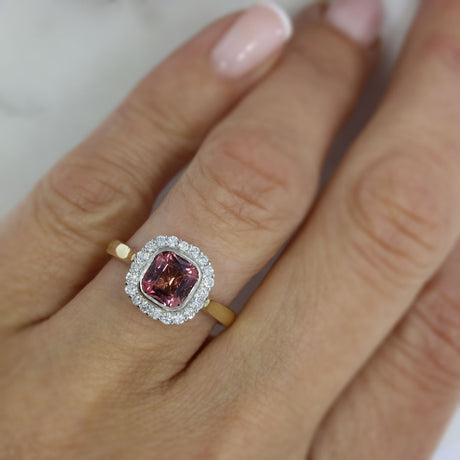 9ct Gold & Platinum Pink Tourmaline & Lab Grown Diamond Halo Ring