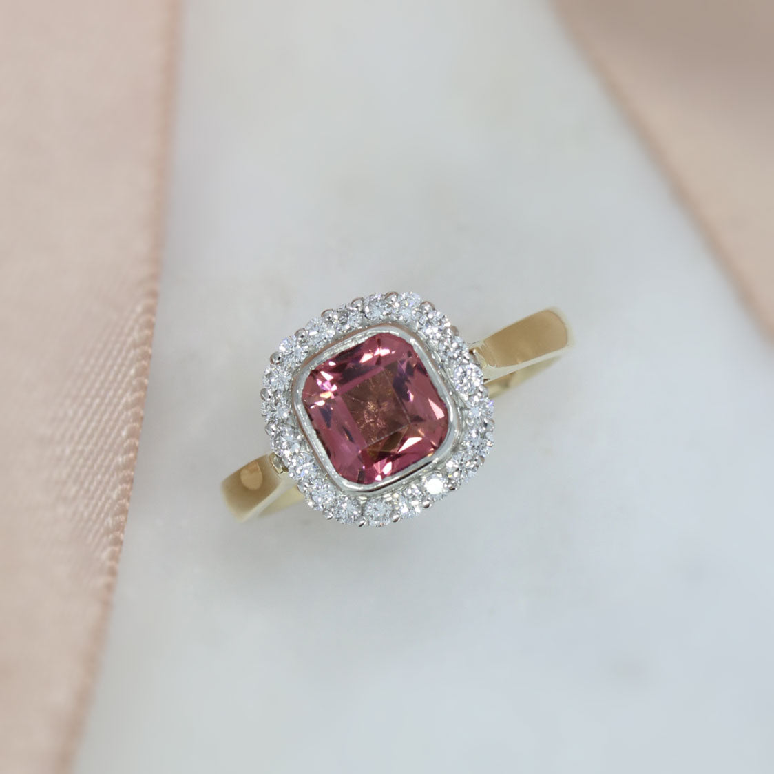 9ct Gold & Platinum Pink Tourmaline & Lab Grown Diamond Halo Ring
