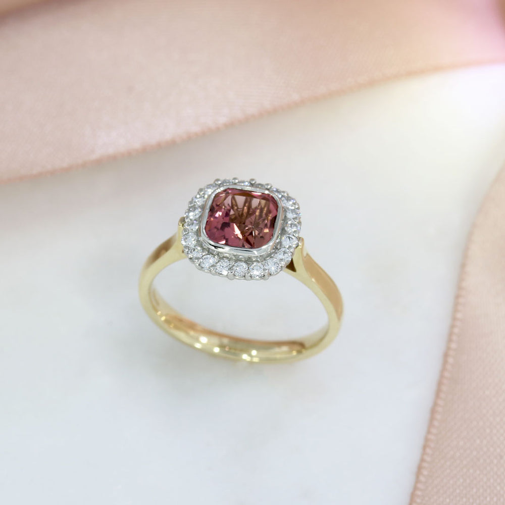 9ct Gold & Platinum Pink Tourmaline & Lab Grown Diamond Halo Ring