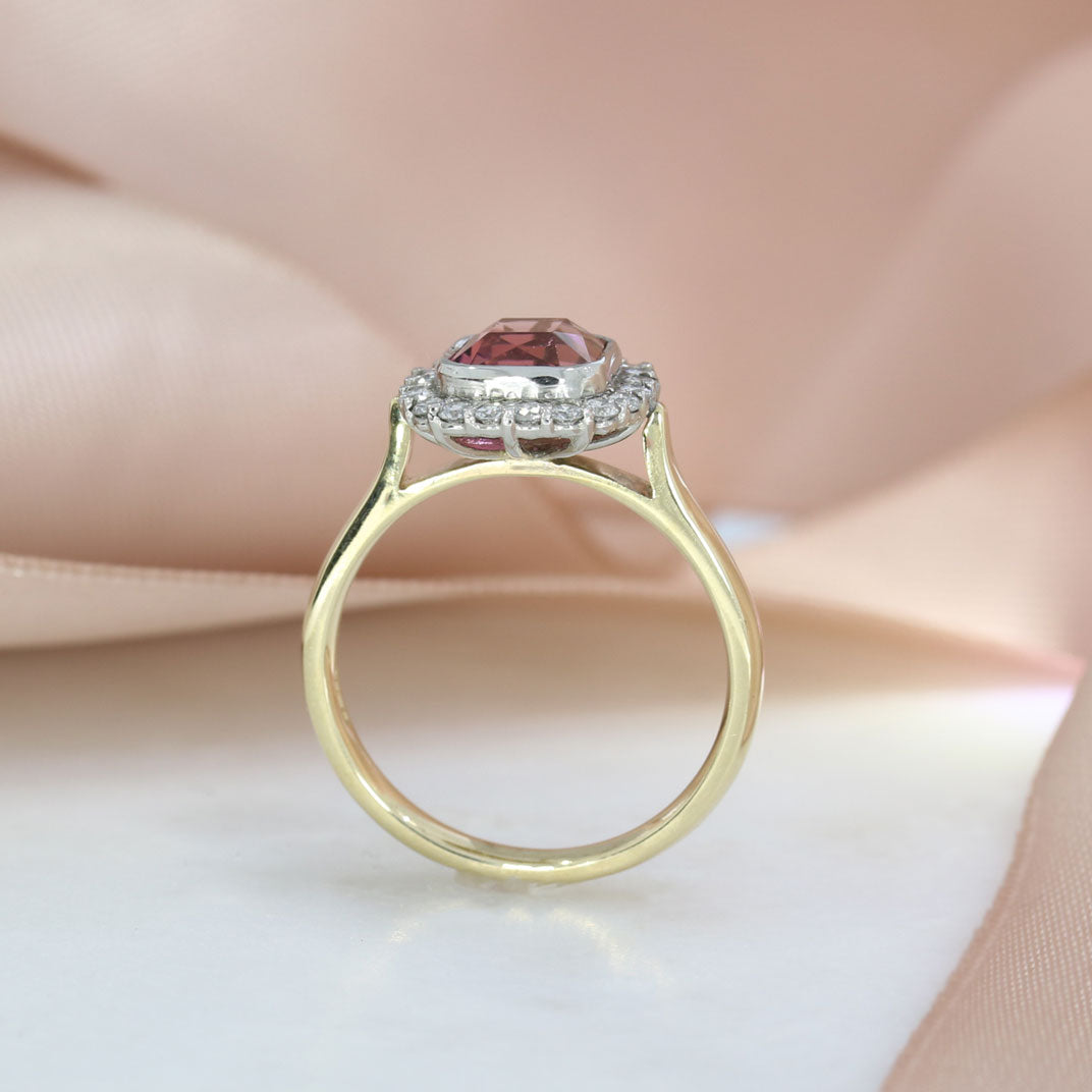 9ct Gold & Platinum Pink Tourmaline & Lab Grown Diamond Halo Ring