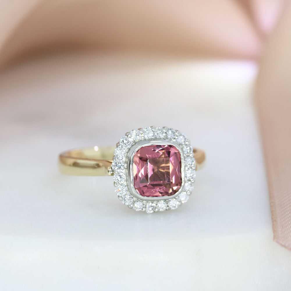 9ct Gold & Platinum Pink Tourmaline & Lab Grown Diamond Halo Ring