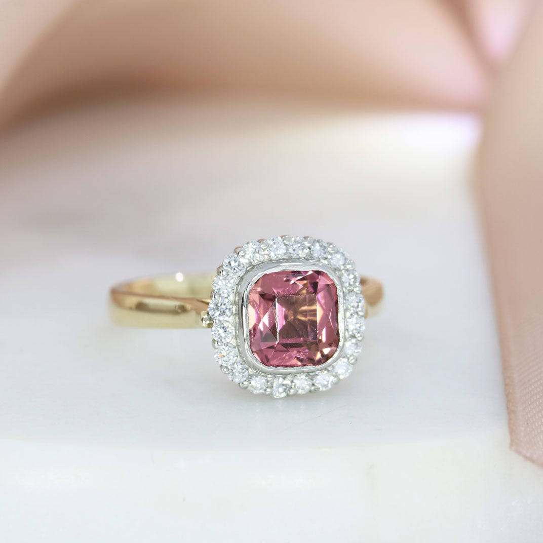 9ct Gold & Platinum Pink Tourmaline & Lab Grown Diamond Halo Ring