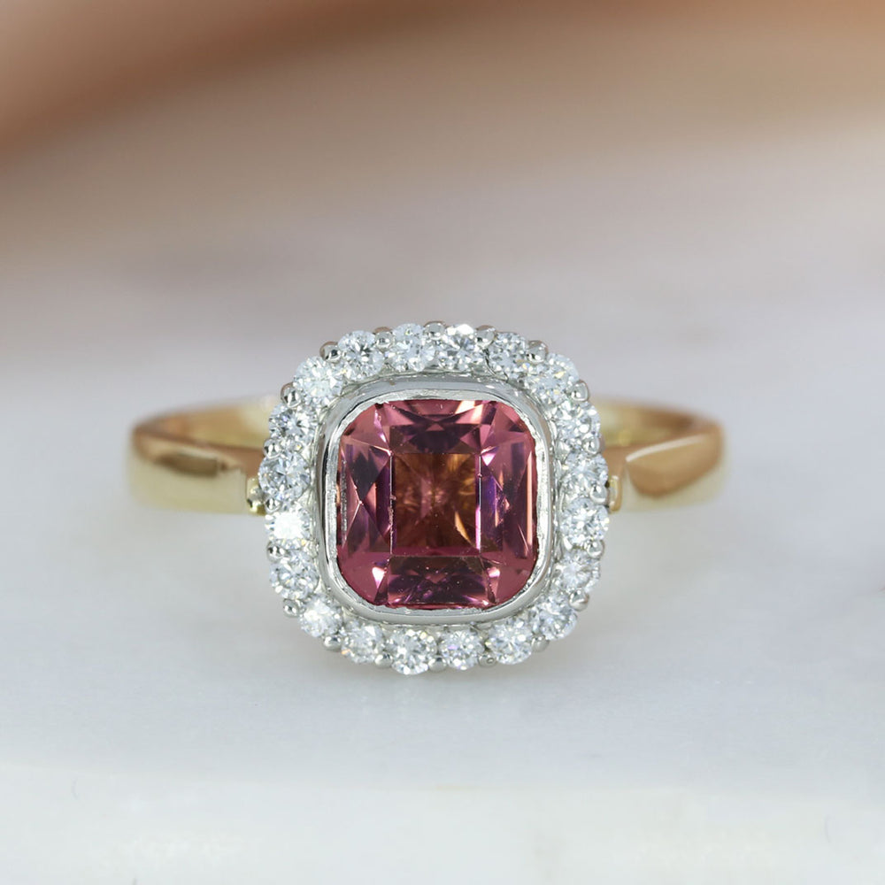 9ct Gold & Platinum Pink Tourmaline & Lab Grown Diamond Halo Ring