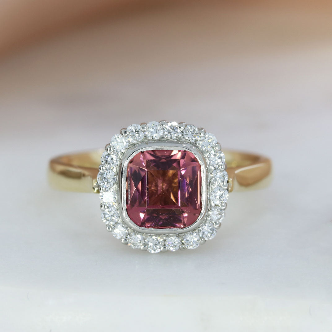 9ct Gold & Platinum Pink Tourmaline & Lab Grown Diamond Halo Ring