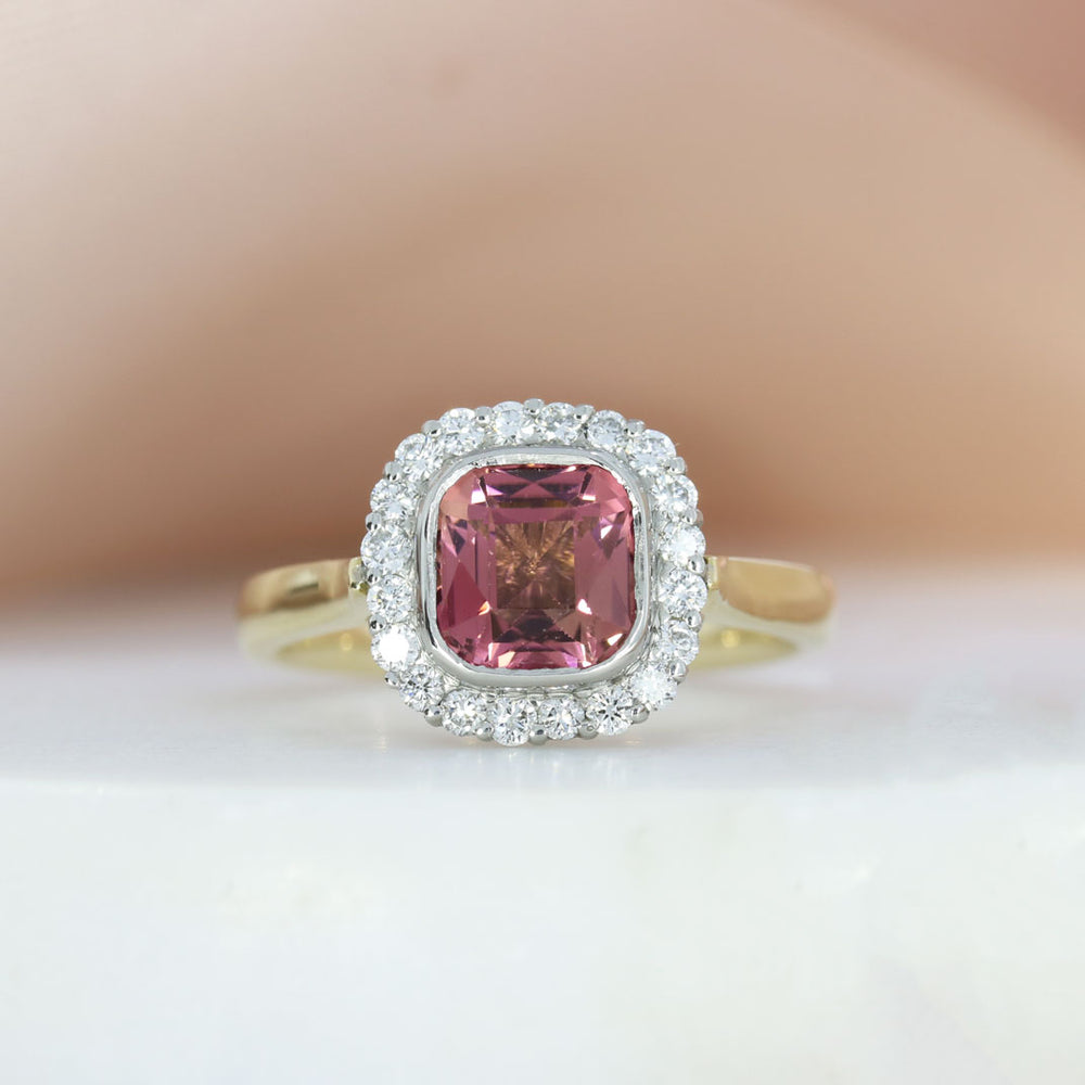 9ct Gold & Platinum Pink Tourmaline & Lab Grown Diamond Halo Ring