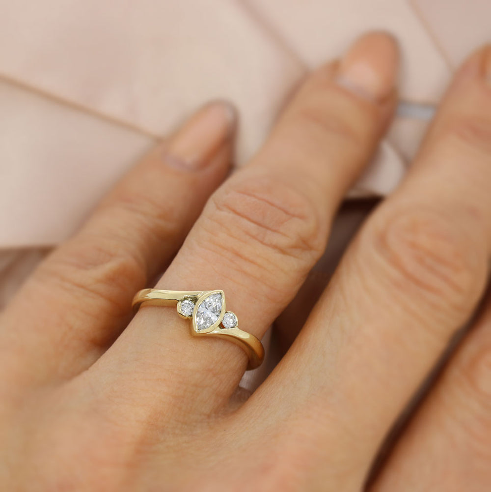 9ct Gold Marquise &  Round Lab Grown Diamond 3 Stone Ring 0.59ct