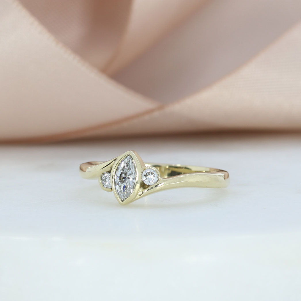 9ct Gold Marquise &  Round Lab Grown Diamond 3 Stone Ring 0.59ct