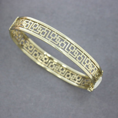 Pre Owned 9ct Yellow Gold Hinged Bangle with Square Cut Out Detail