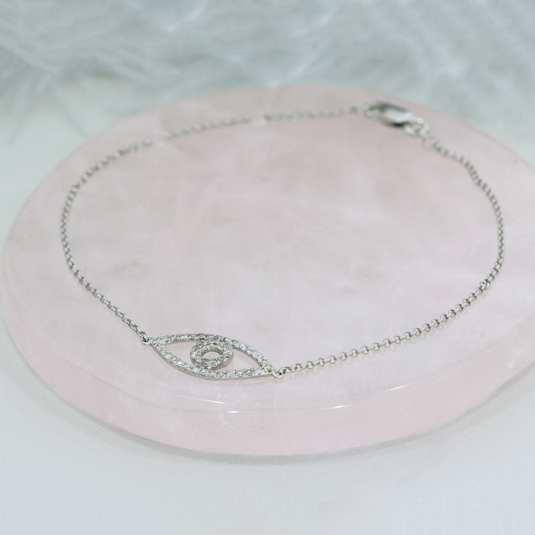 Pre Owned 9ct White Gold Fine Bracelet with Diamond Set Eye