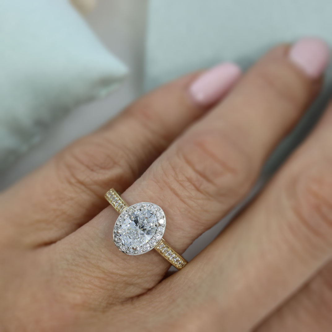 9ct Gold & Platinum Oval Claw Set Lab Grown Diamond Halo Ring 1.53ct