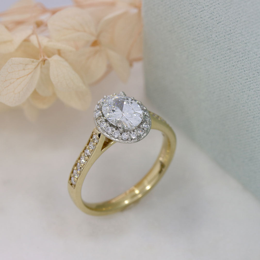 9ct Gold & Platinum Oval Claw Set Lab Grown Diamond Halo Ring 1.53ct