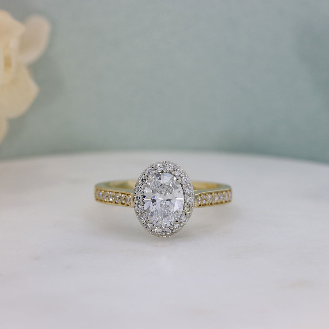 9ct Gold & Platinum Oval Claw Set Lab Grown Diamond Halo Ring 1.53ct