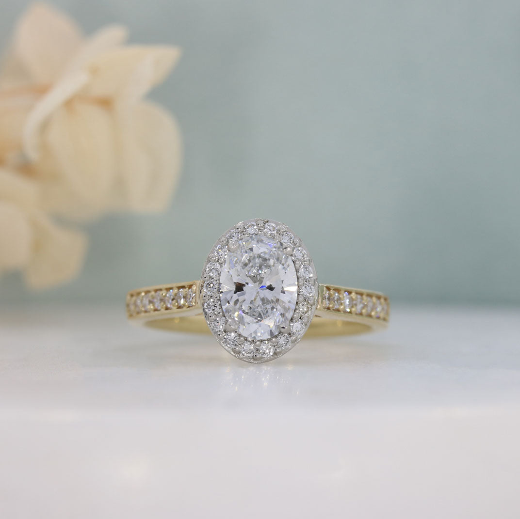 9ct Gold & Platinum Oval Claw Set Lab Grown Diamond Halo Ring 1.53ct