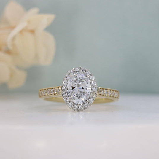 9ct Gold & Platinum Oval Claw Set Lab Grown Diamond Halo Ring 1.53ct