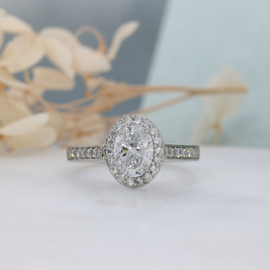 Platinum Lab Grown Diamond Oval Halo Ring With Stone Set Shoulders 1.53ct