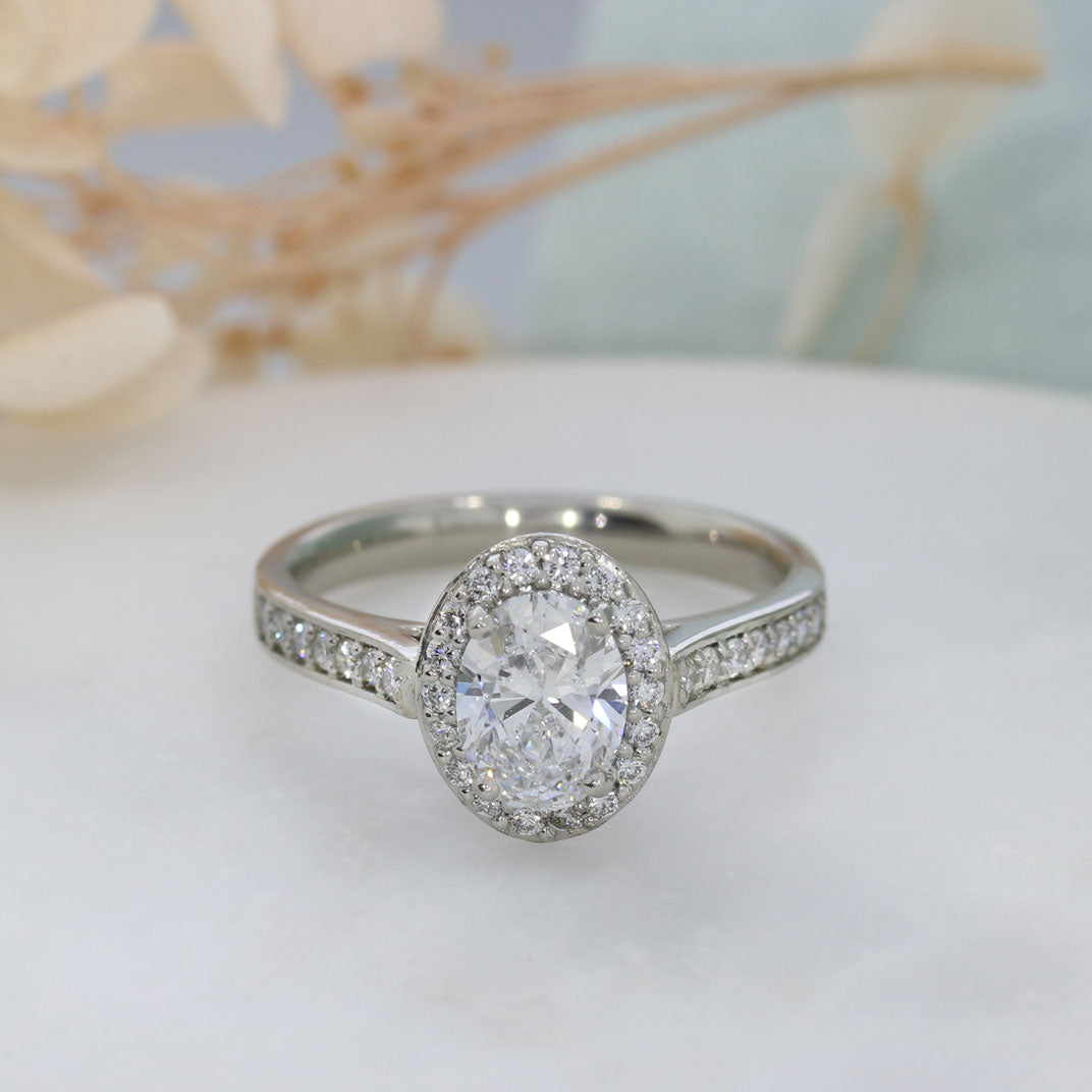 Platinum Lab Grown Diamond Oval Halo Ring With Stone Set Shoulders 1.53ct
