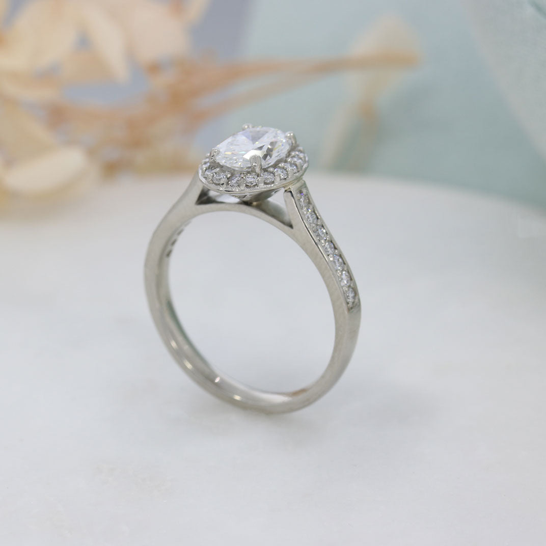 Platinum Lab Grown Diamond Oval Halo Ring With Stone Set Shoulders 1.53ct