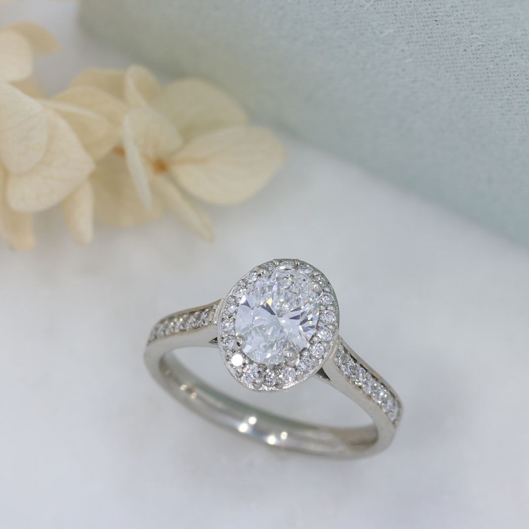 Platinum Lab Grown Diamond Oval Halo Ring With Stone Set Shoulders 1.53ct