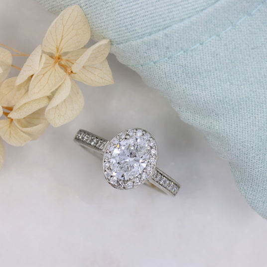 Platinum Lab Grown Diamond Oval Halo Ring With Stone Set Shoulders 1.53ct