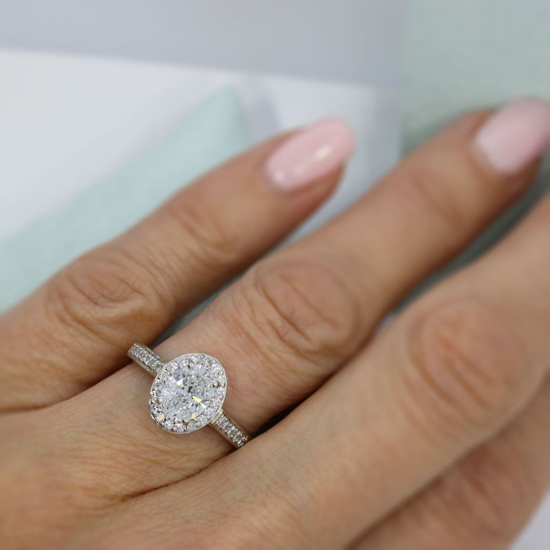 Platinum Lab Grown Diamond Oval Halo Ring With Stone Set Shoulders 1.53ct