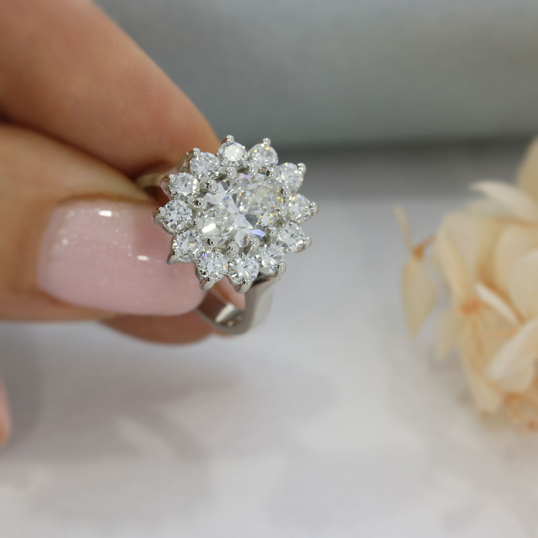 Platinum Certified Oval Laboratory Grown Diamond Cluster Ring  3.20ct E VS2
