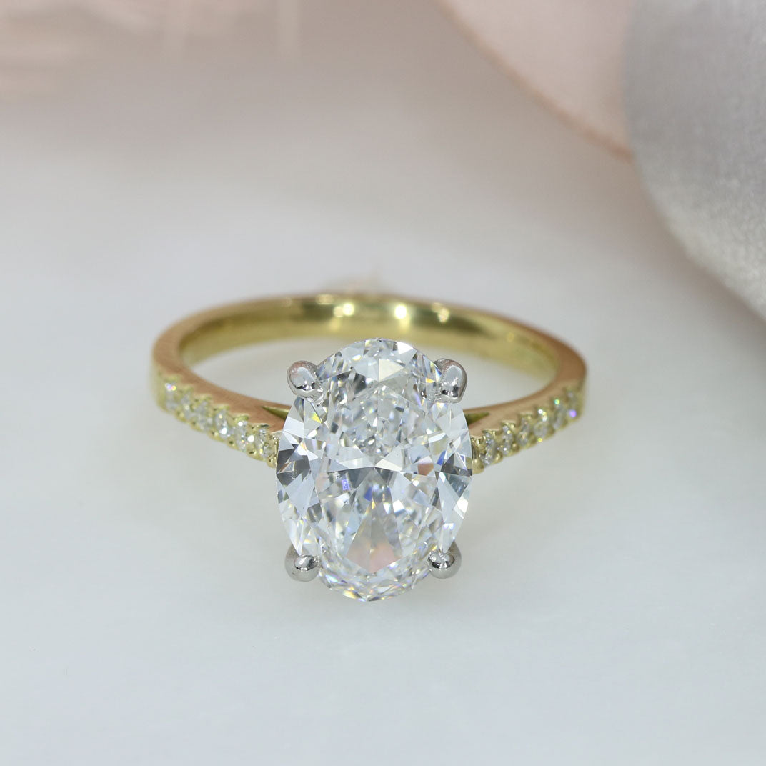 18ct Certified Oval Brilliant Cut Lab Grown Diamond Solitaire Ring with ShoulderStones Total 3.73ct D VS1
