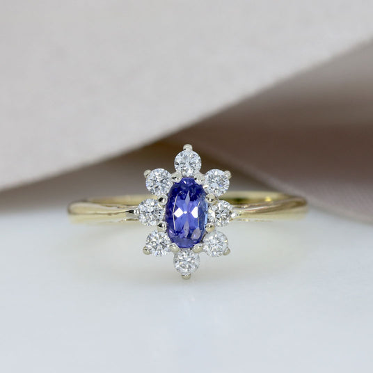 Pre Owned 9ct Yellow Gold Oval Tanzanite & Diamond Cluster Ring