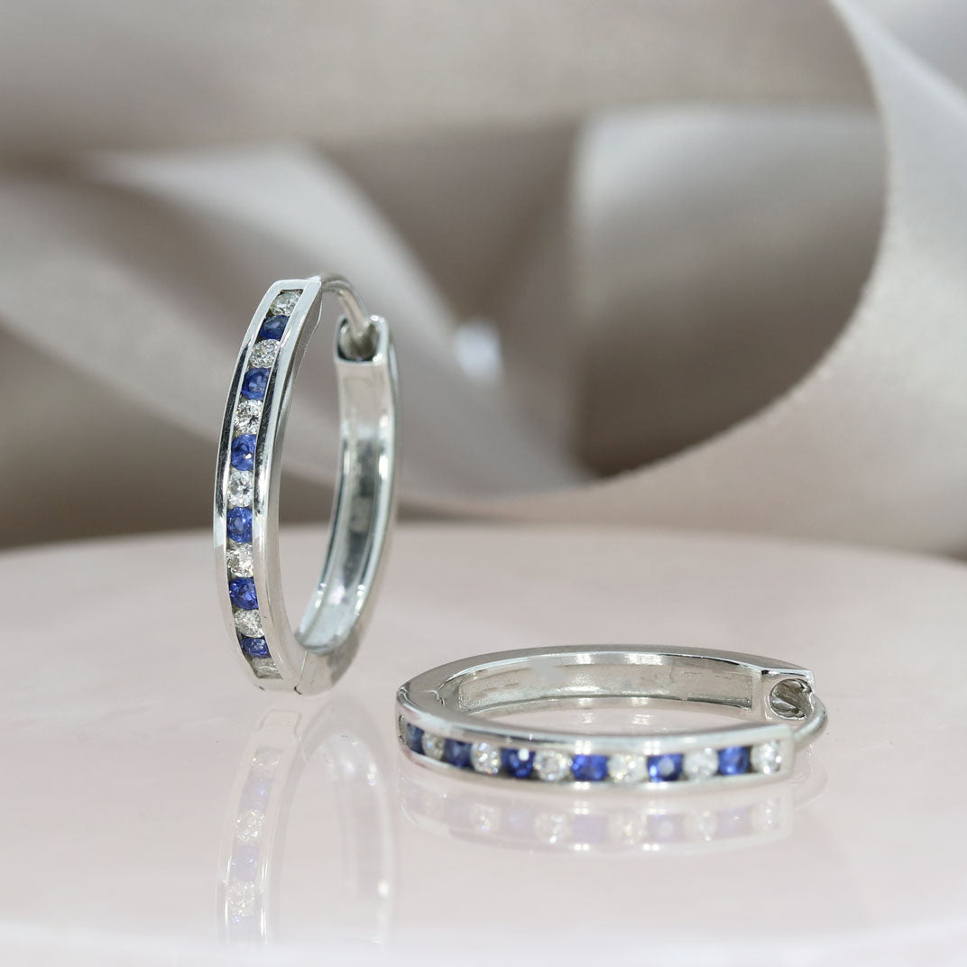 9ct White Gold Medium Hoop Sapphire & Diamond Hoop Earrings