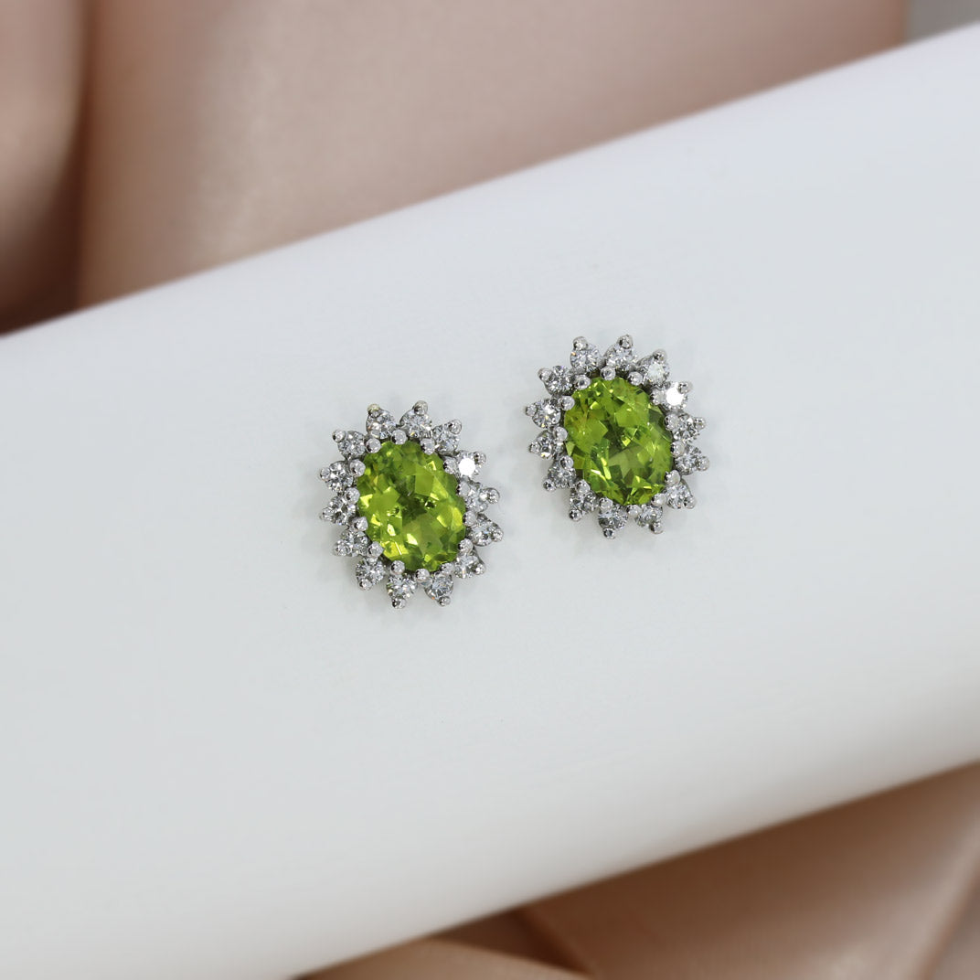 9ct White Gold Peridot 7 Diamond Cluster Earrings