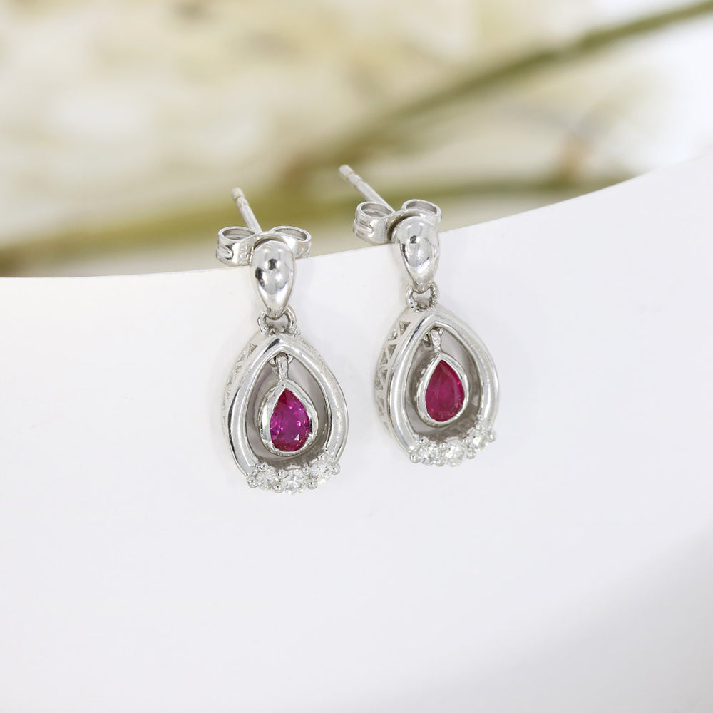 18ct White Gold Drop Earrings with Pear Shape Ruby & Round Diamonds
