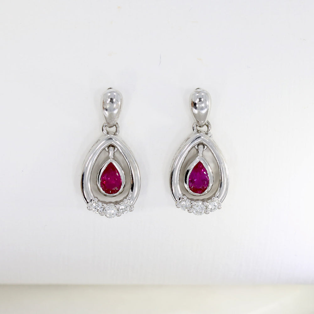 18ct White Gold Drop Earrings with Pear Shape Ruby & Round Diamonds