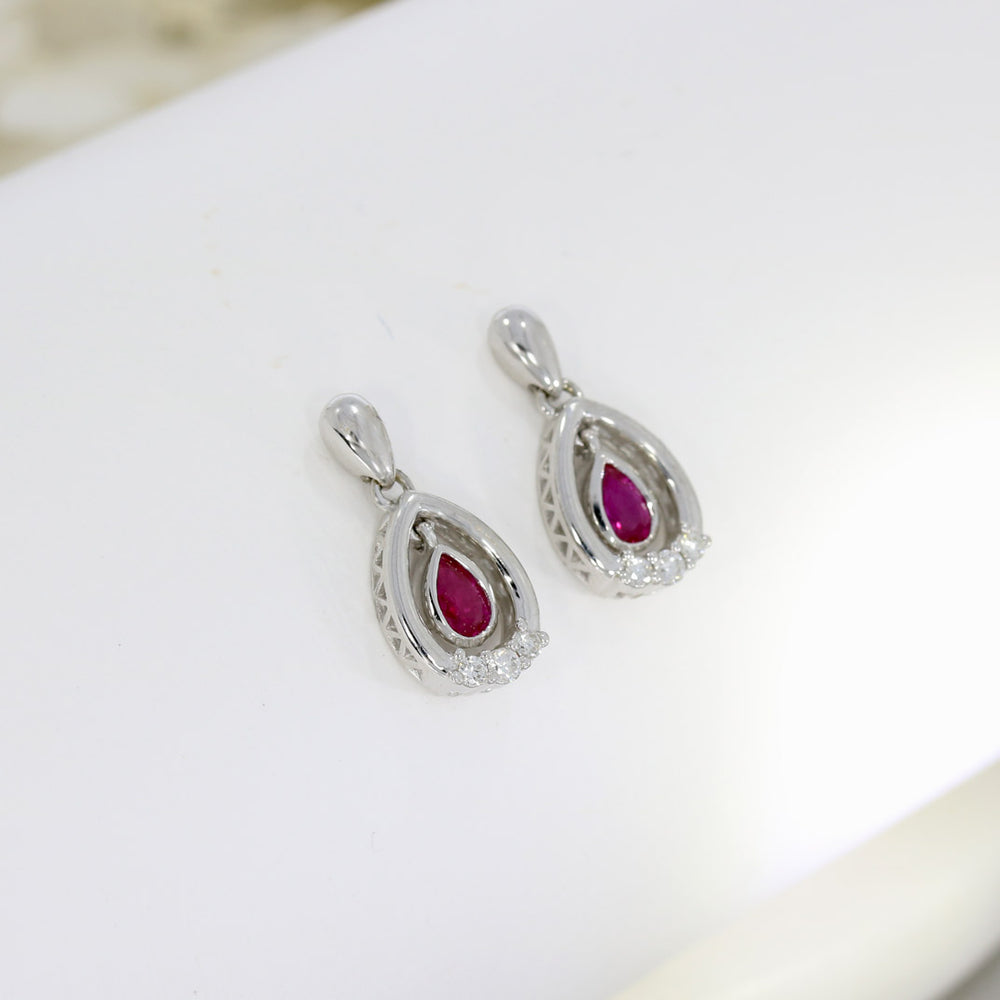 18ct White Gold Drop Earrings with Pear Shape Ruby & Round Diamonds