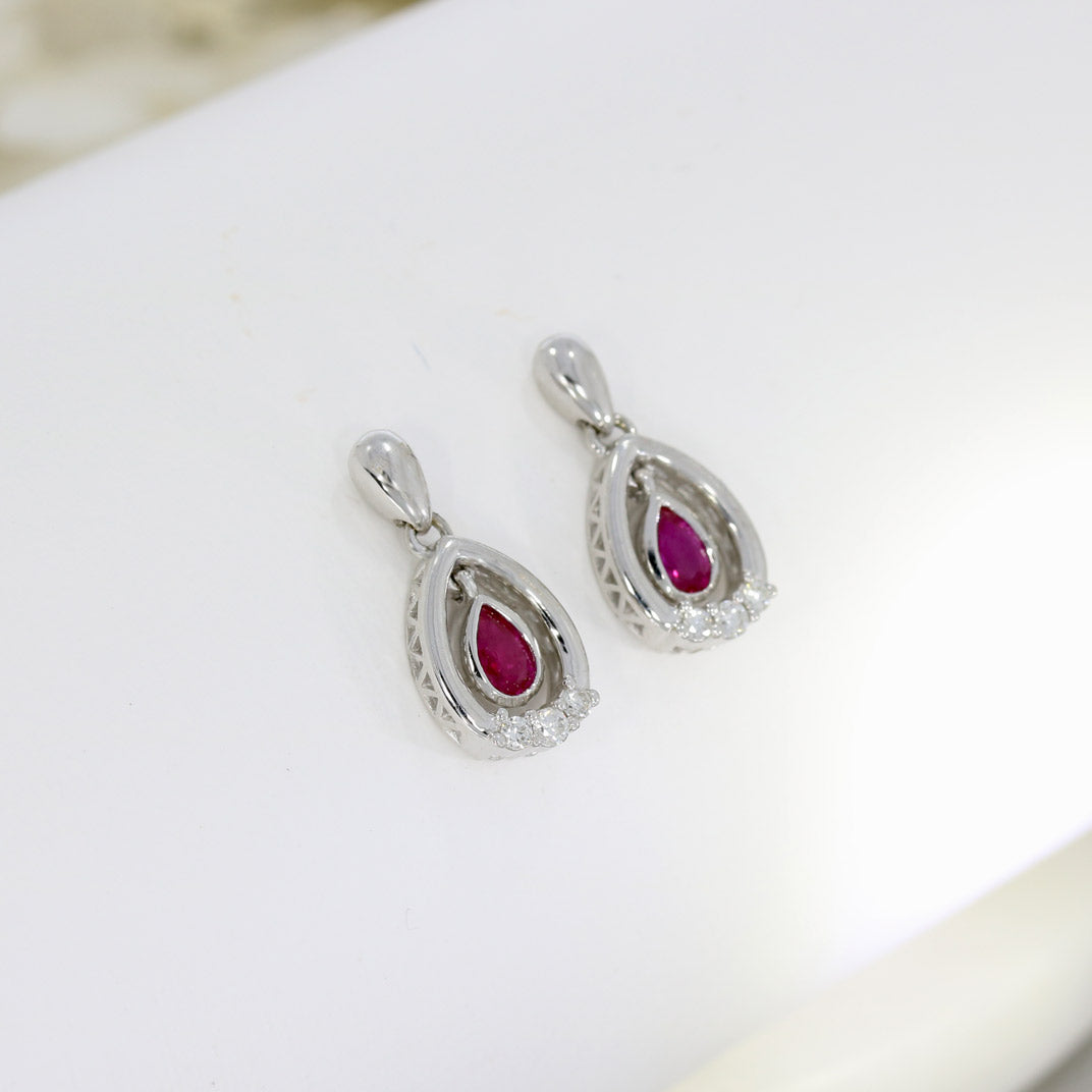 18ct White Gold Drop Earrings with Pear Shape Ruby & Round Diamonds