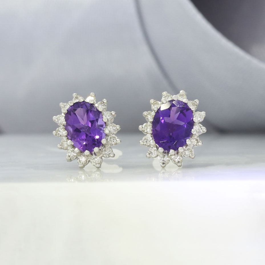 18ct White Gold Amethyst and Diamond Cluster Earrings 0.40ct