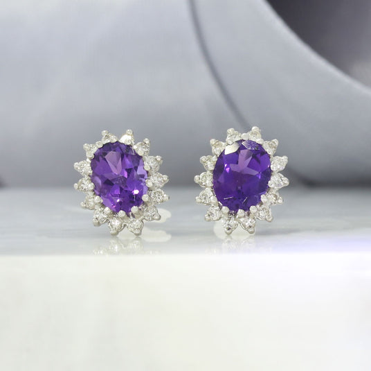 18ct White Gold Amethyst and Diamond Cluster Earrings 0.40ct