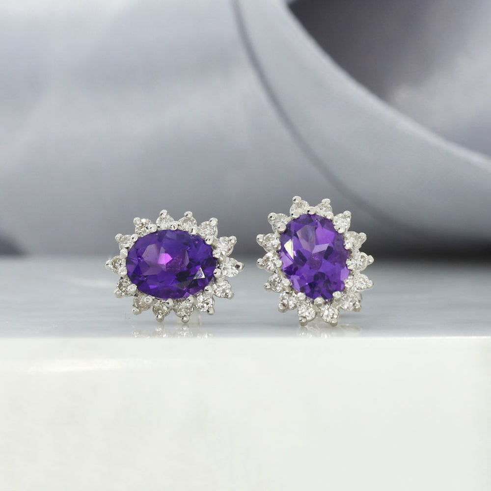 18ct White Gold Amethyst and Diamond Cluster Earrings 0.40ct