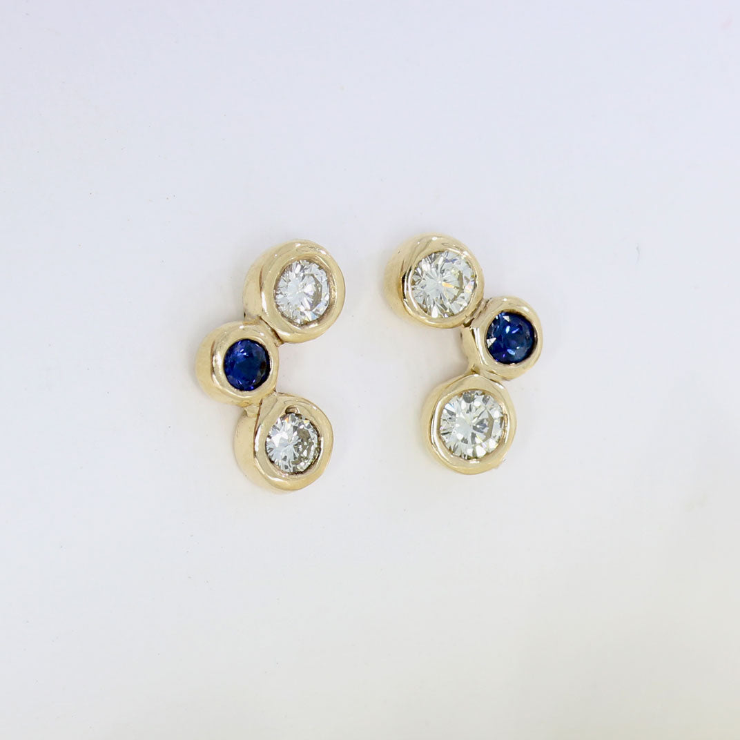 9ct Gold 3 Stone Bubble Style Sapphire & Diamond Studs Earrings