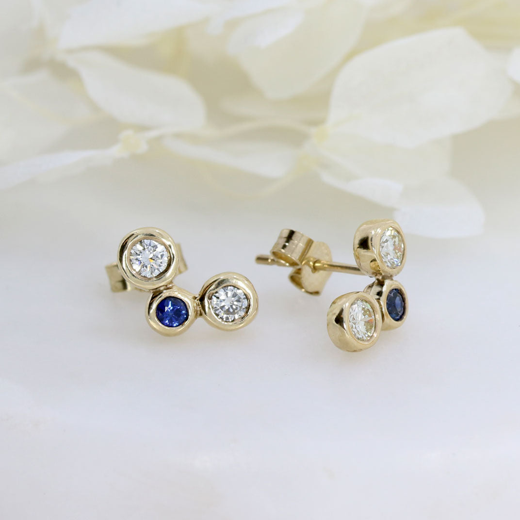 9ct Gold 3 Stone Bubble Style Sapphire & Diamond Studs Earrings