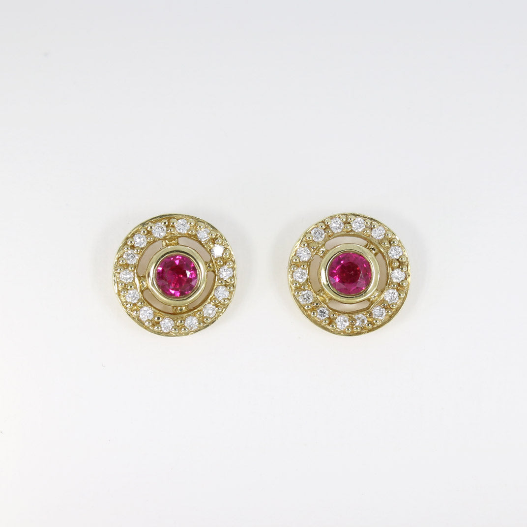 9ct Yellow Gold Ruby Stud Earrings with a Diamond Halo Surround