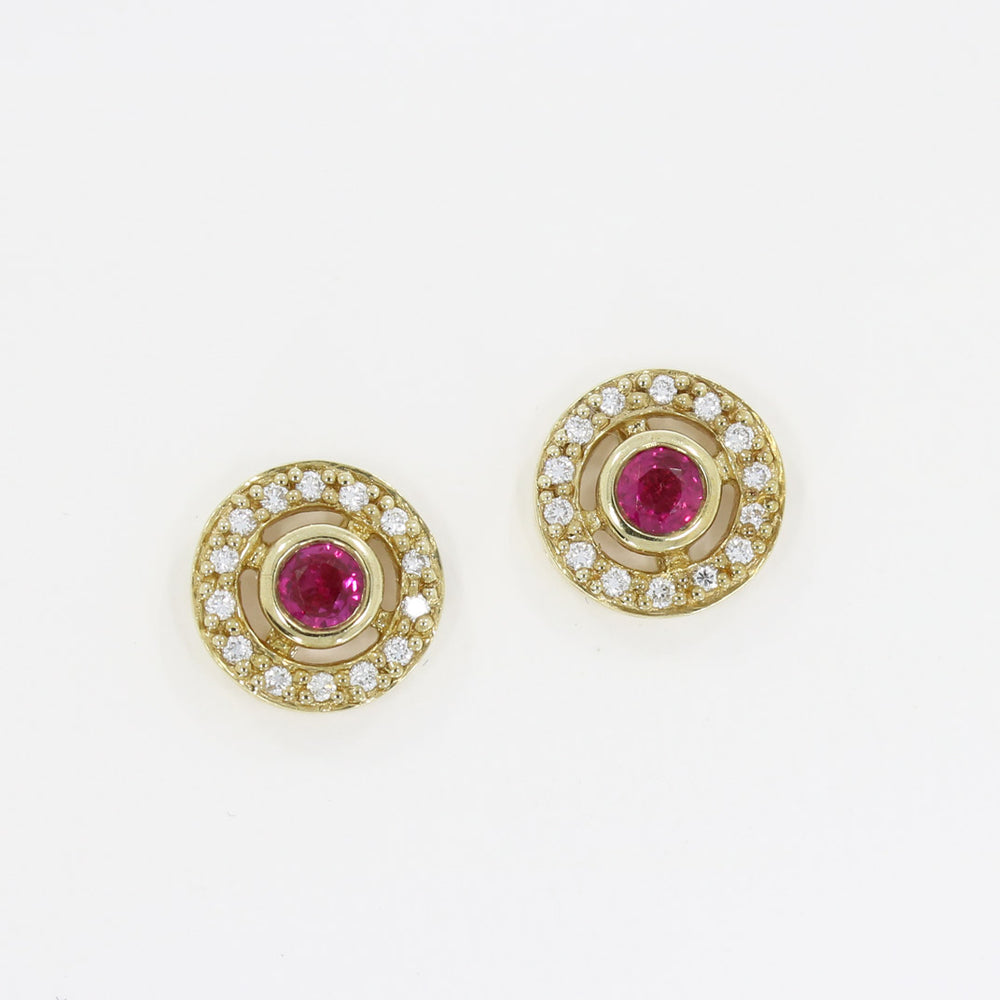 9ct Yellow Gold Ruby Stud Earrings with a Diamond Halo Surround