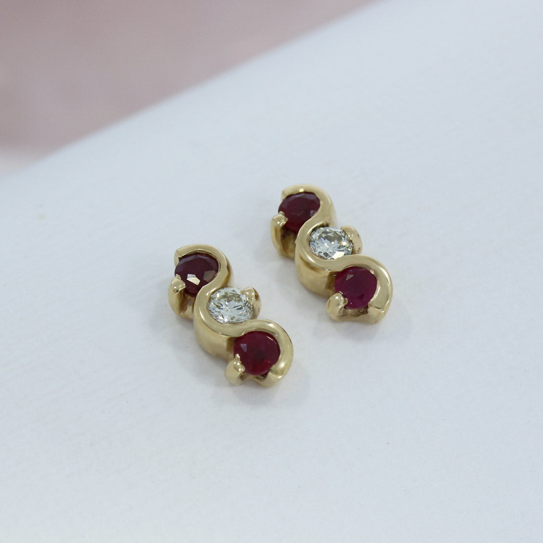 9ct Gold Ruby & Diamond 3 Stone Stud Earrings