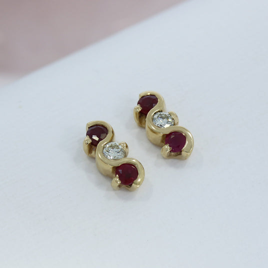 9ct Gold Ruby & Diamond 3 Stone Stud Earrings