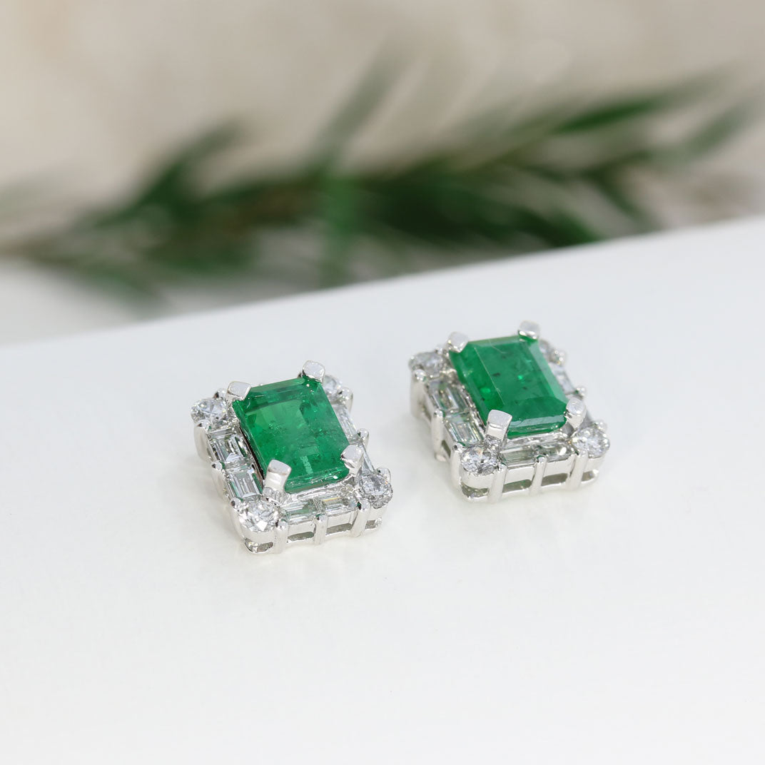 9ct White Gold Emerald & Diamond Square Cluster Earrings