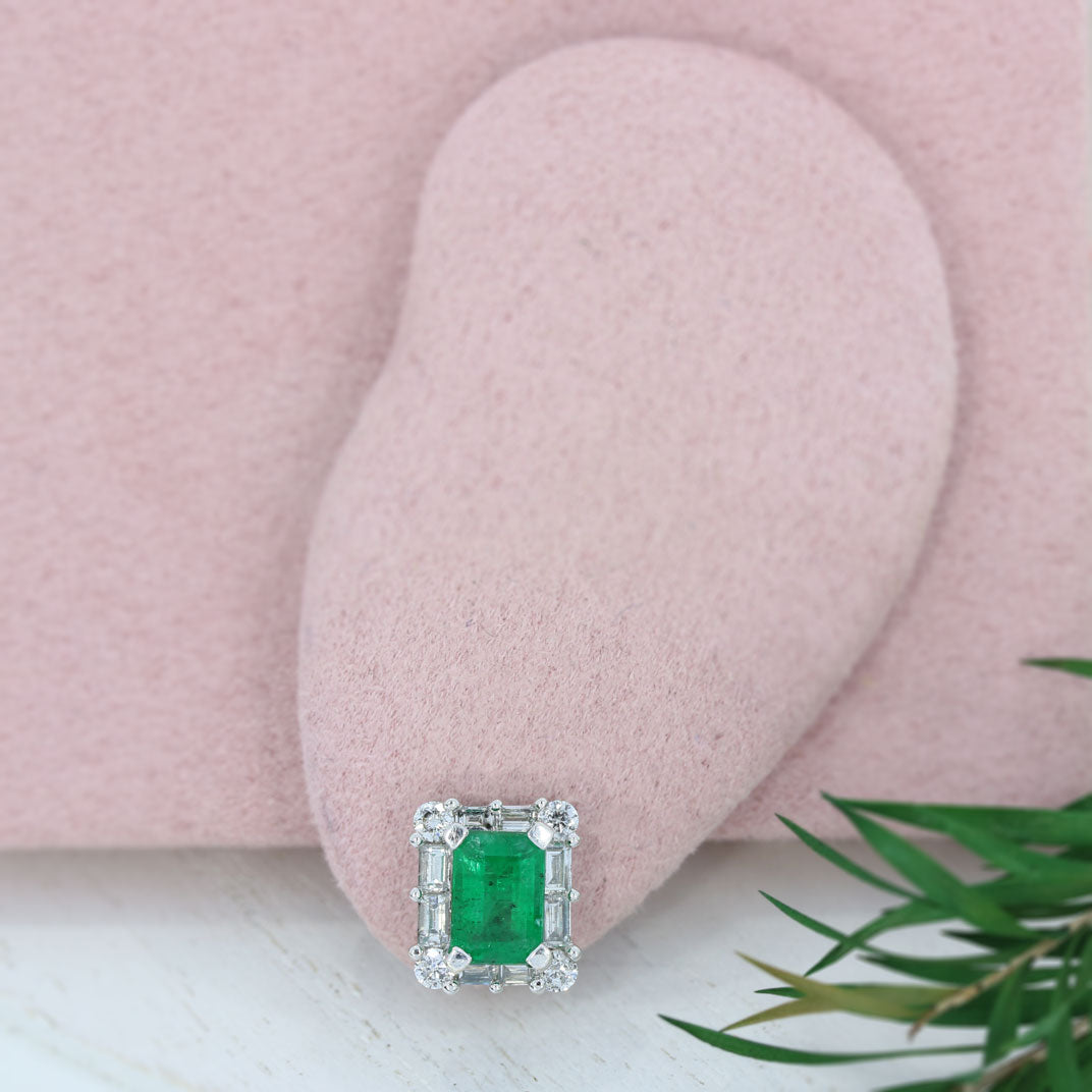 9ct White Gold Emerald & Diamond Square Cluster Earrings