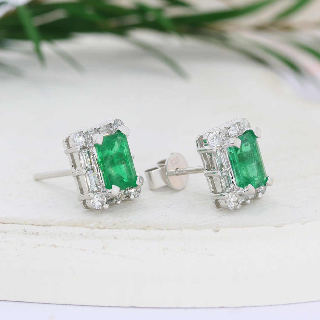 9ct White Gold Emerald & Diamond Square Cluster Earrings