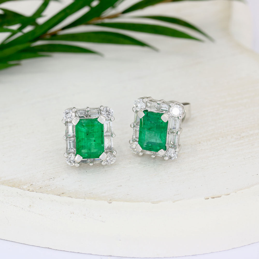 9ct White Gold Emerald & Diamond Square Cluster Earrings