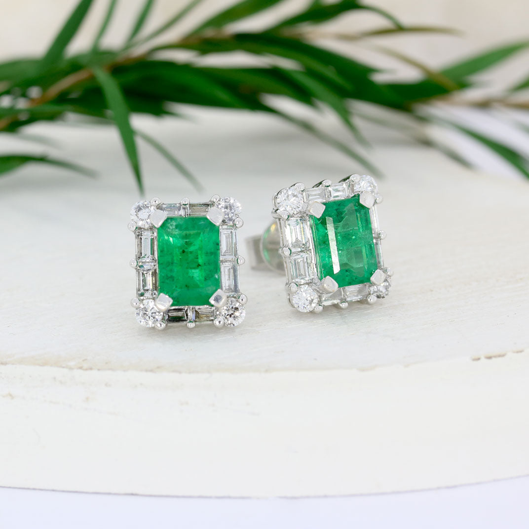 9ct White Gold Emerald & Diamond Square Cluster Earrings